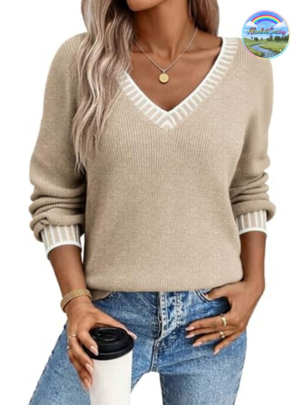 Dokotoo V Neck Long Sleeve Contrast Knit Sweater Tops